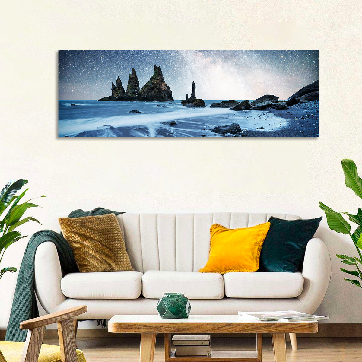 Reynisdrangar Sea Stacks Night Wall Art in a room, panoramic