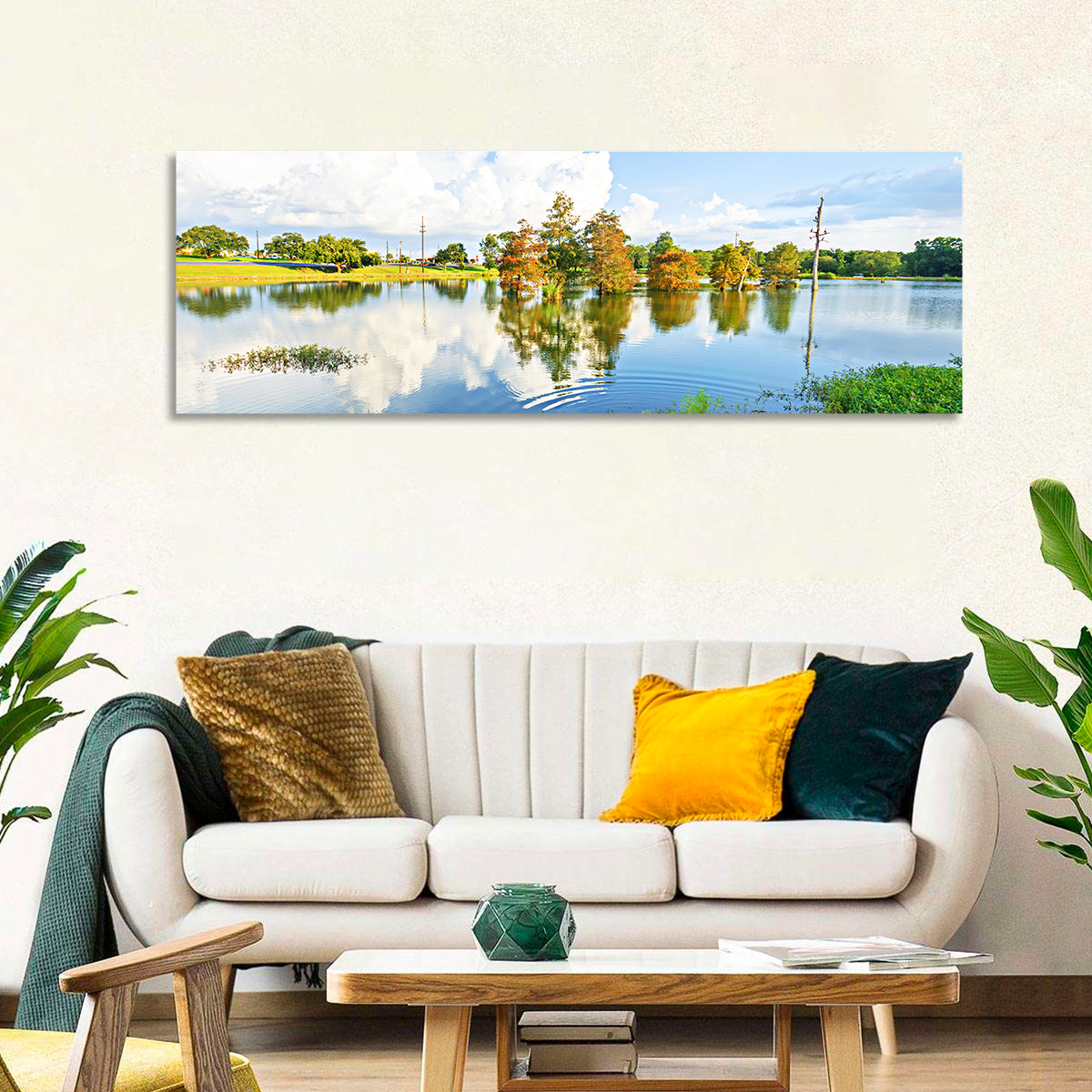 Lafayette Bayou Reflection Wall Art in a room, panoramic