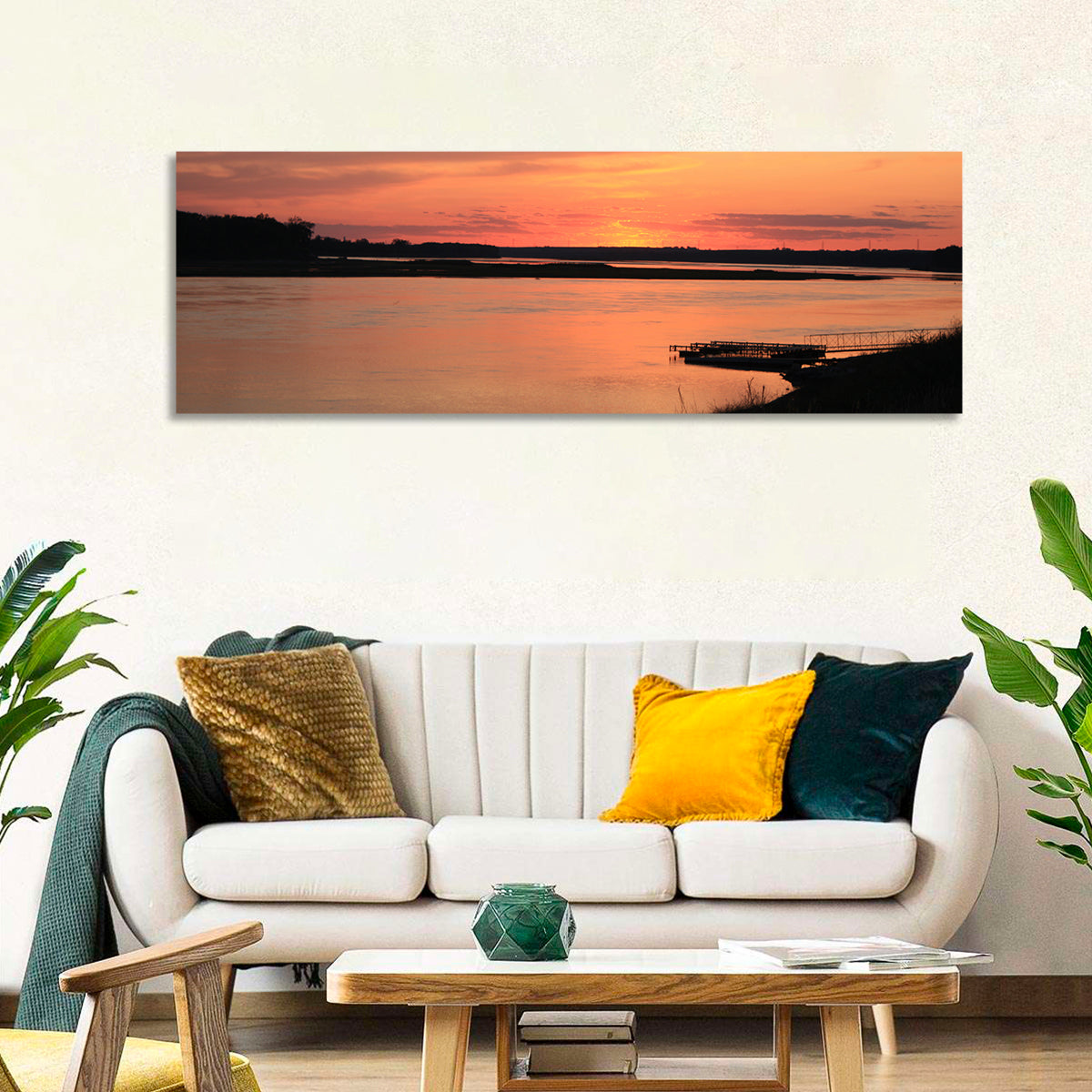 Missouri River Sunset at Dusk Wall Art in a room, panoramic