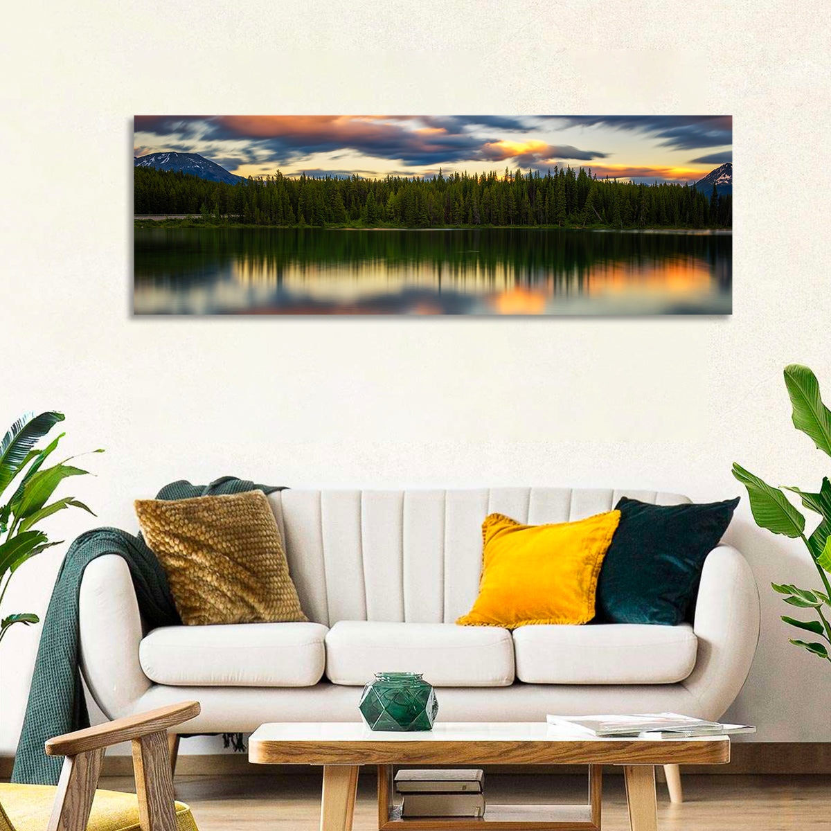 Herbert Lake Sunset Reflection Wall Art in a room, panoramic