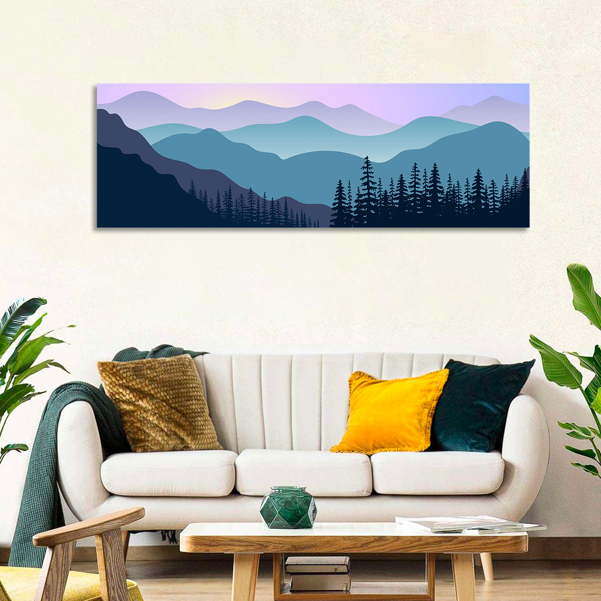 Purple Dawn Mountain Range Wall Art in a room, panoramic