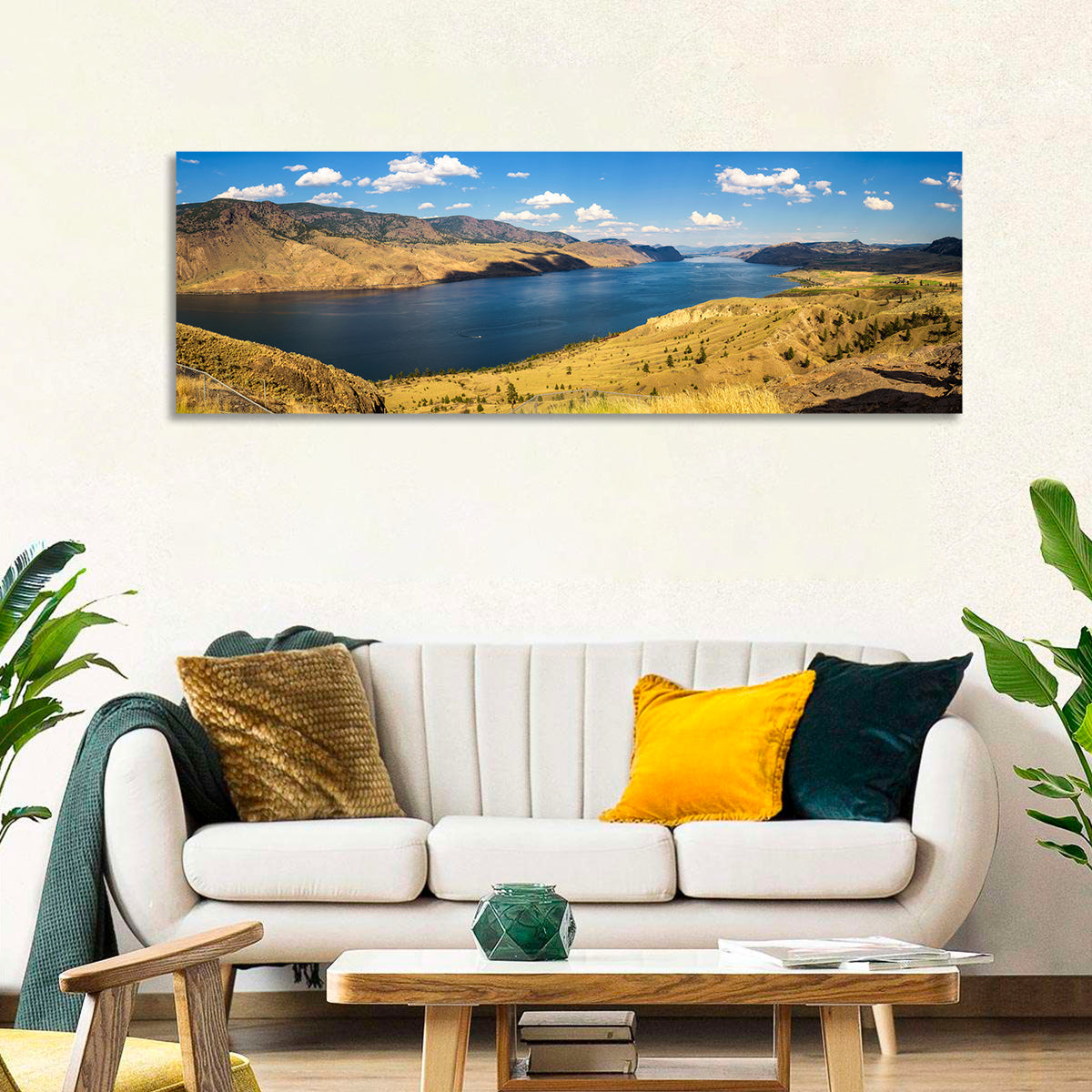 Golden Grass at Kamloops Lake Wall Art in a room, panoramic