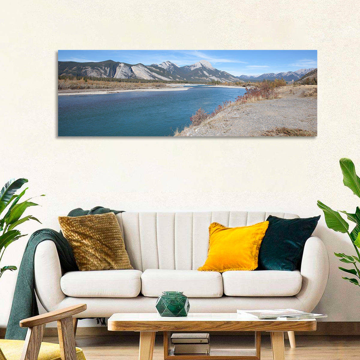 Mount Aeolus Over Athabasca Riverbank Wall Art in a room, panoramic