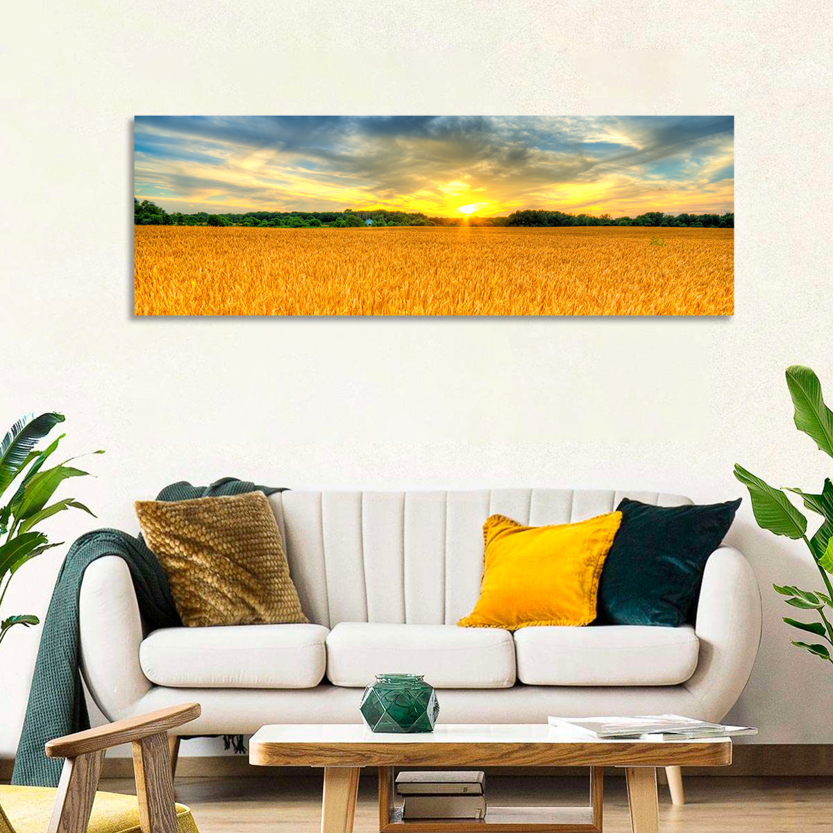 Wheat Field Sunset Wall Art in a room, panoramic