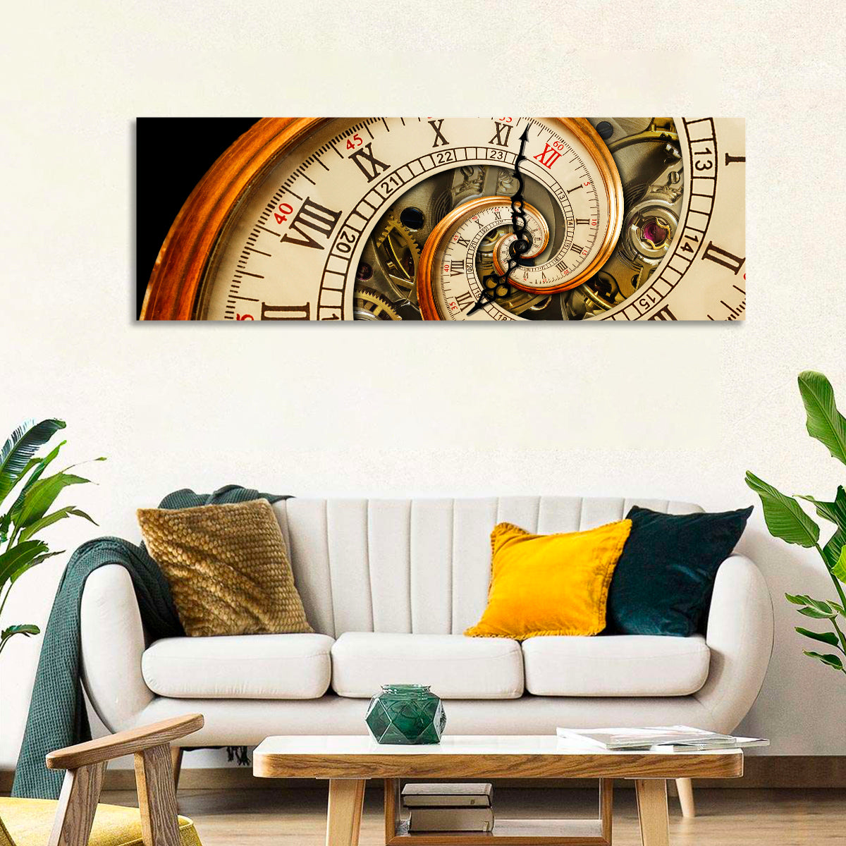 Antique Spiral Clock Face Wall Art in a room, panoramic