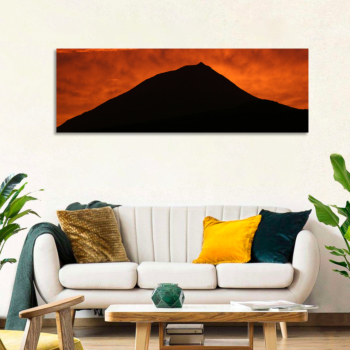 Pico Island Volcano Silhouette at Sunset Wall Art in a room, panoramic