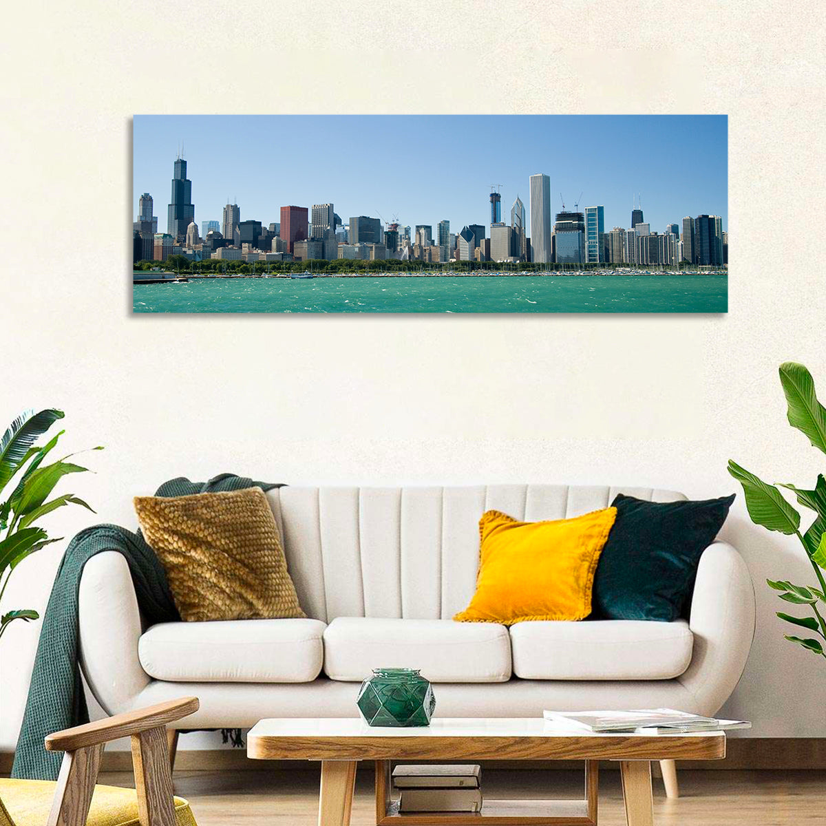 Chicago Skyline with Willis Tower Wall Art in a room, panoramic