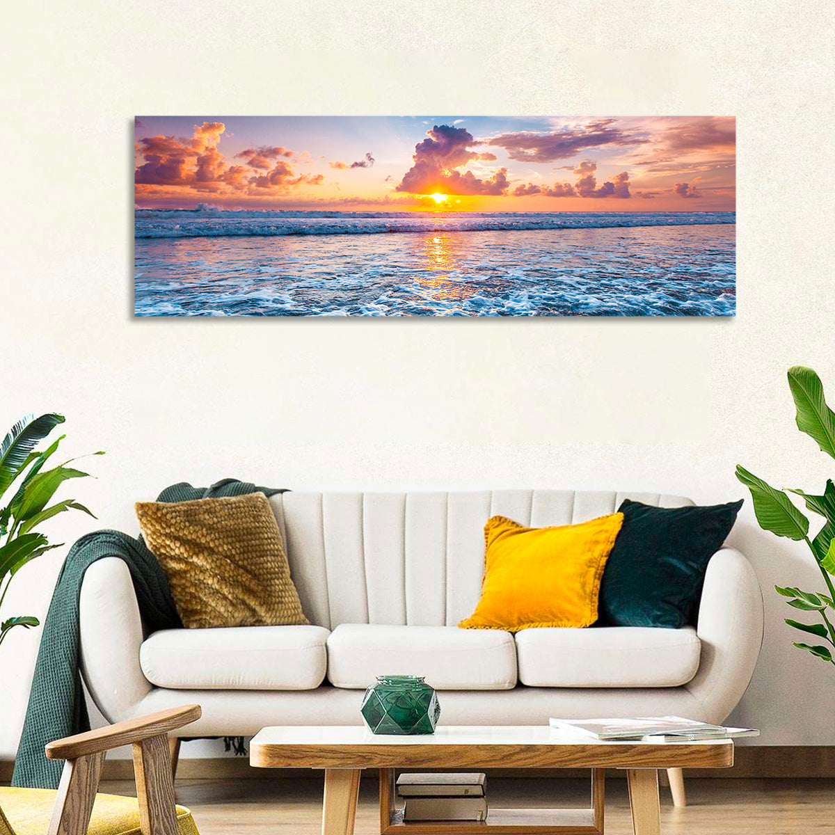 Sunburst Ocean Wave Wall Art in a room, panoramic