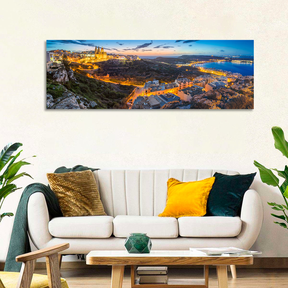 Mellieha Bay at Dusk Wall Art in a room, panoramic