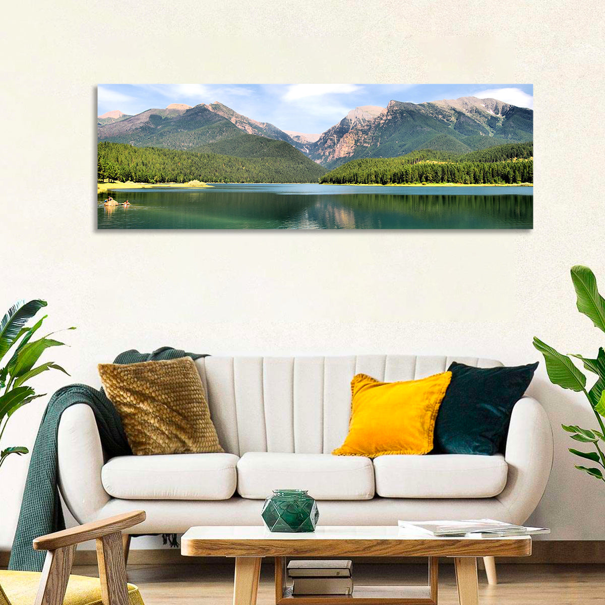 Mission Mountain Lake Reflection Wall Art in a room, panoramic