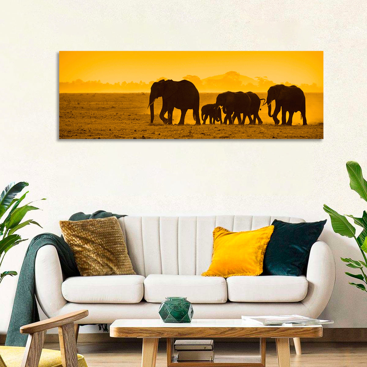 Elephant Family Silhouette Wall Art in a room, panoramic