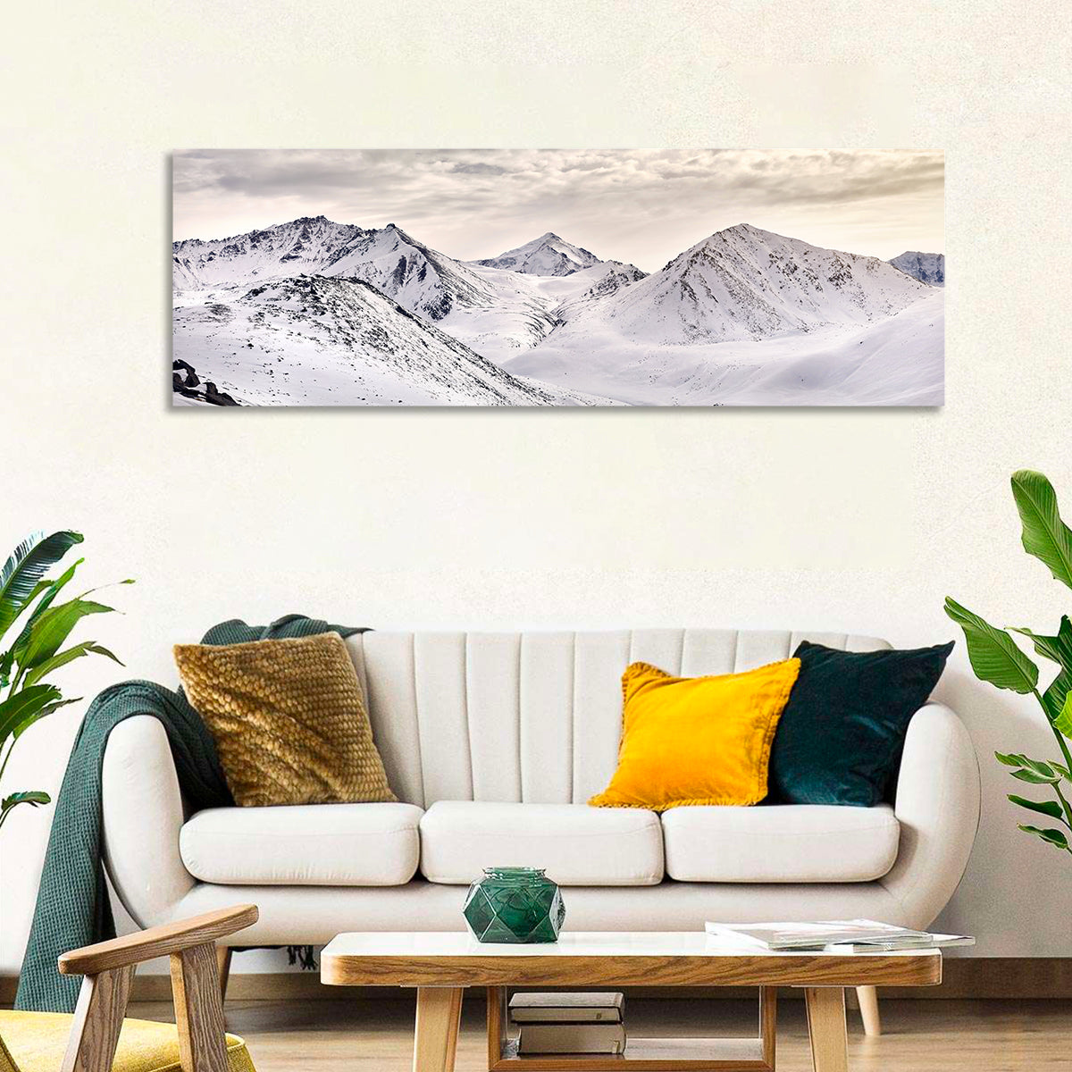 Zaili Alatay Snow Peaks Wall Art in a room, panoramic