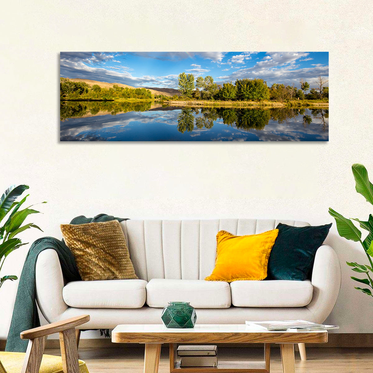 Boise River Rainbow Reflection Wall Art in a room, panoramic