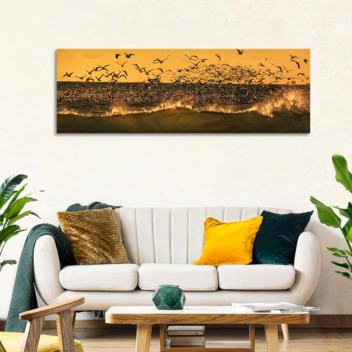 Seagull Flock at Golden Hour Wall Art in a room, panoramic