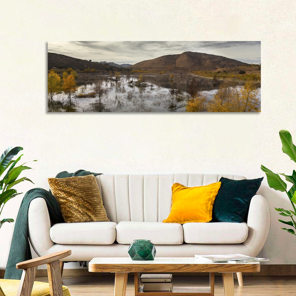 Lake Hodges Autumn Reflection Wall Art in a room, panoramic