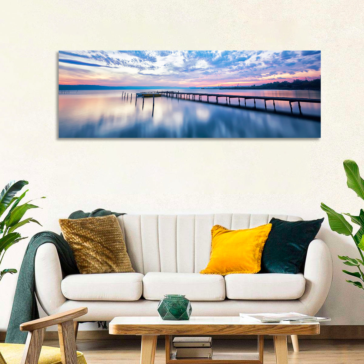 Cloudy Lake Pier at Dusk Wall Art in a room, panoramic