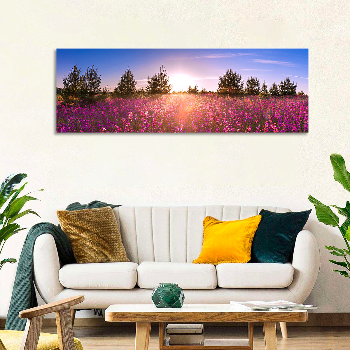 Sunrise Wildflower Meadow Wall Art in a room, panoramic