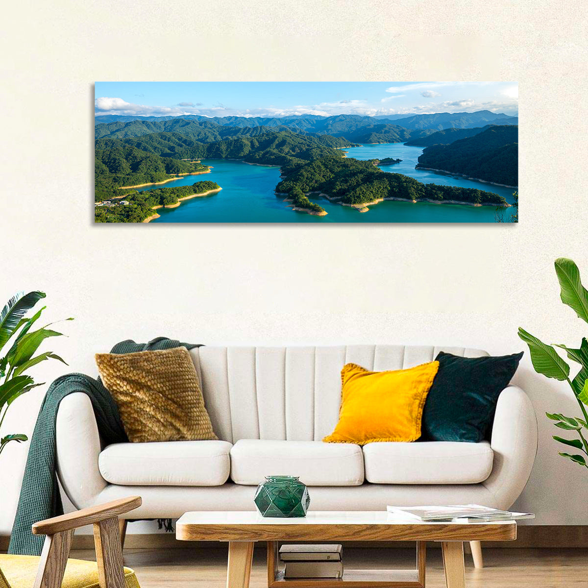 Emerald Qiandao Lake Wall Art in a room, panoramic