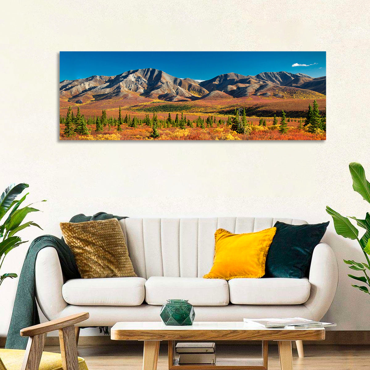 Denali Autumn Peaks Wall Art in a room, panoramic