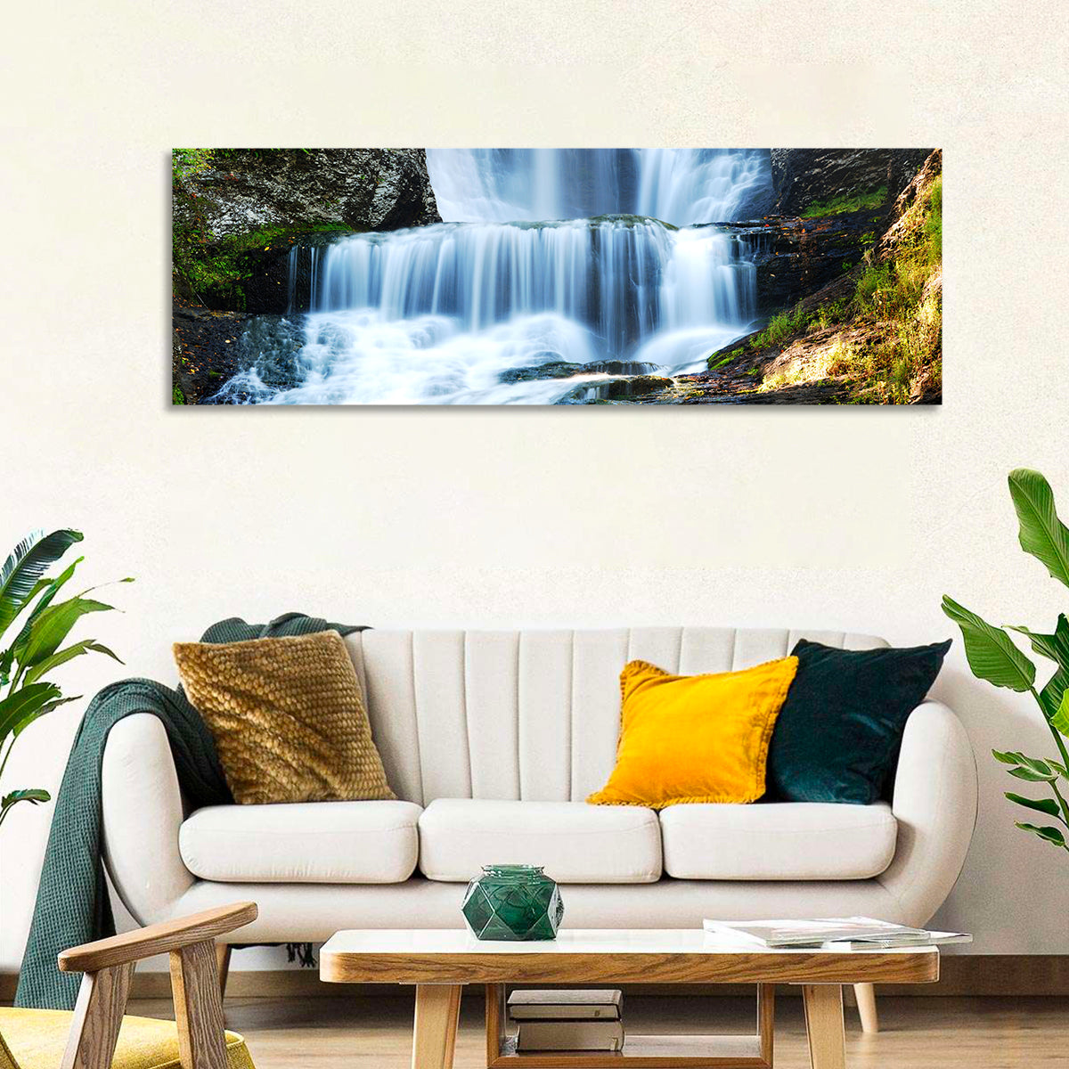 White Waterfall Over Mossy Rocks Wall Art in a room, panoramic