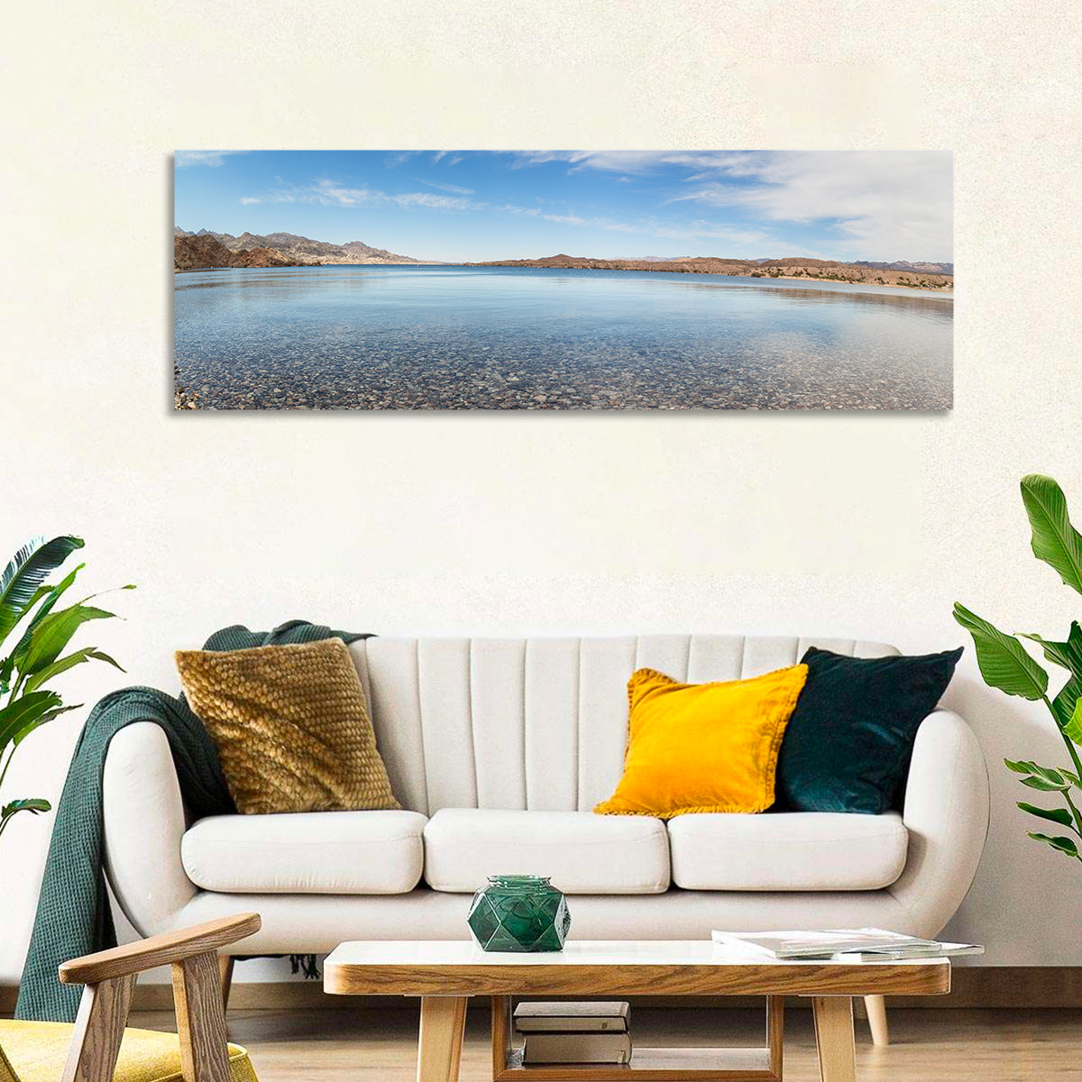 Lake Mohave Shoreline Wall Art in a room, panoramic
