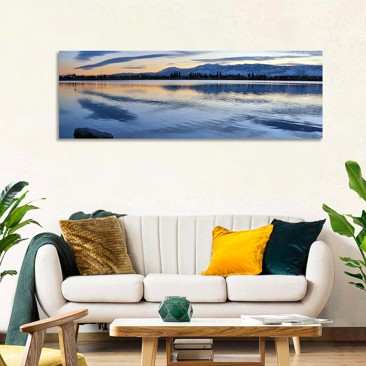 Sparks Marina Twilight Reflection Wall Art in a room, panoramic