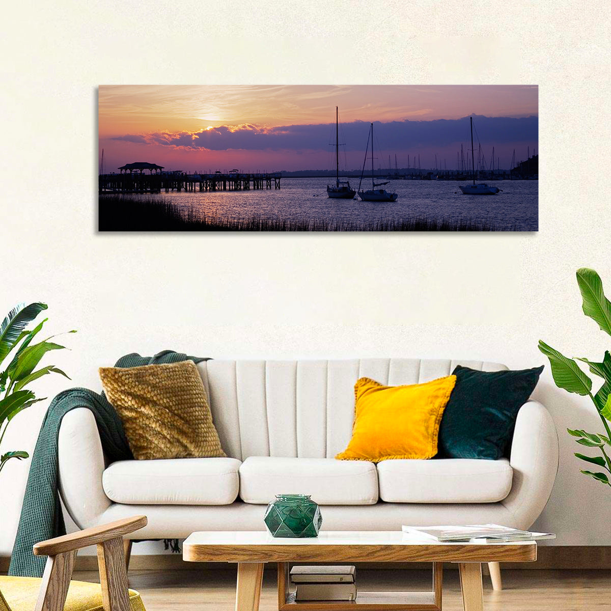 South Carolina Coastal Harbor Wall Art in a room, panoramic