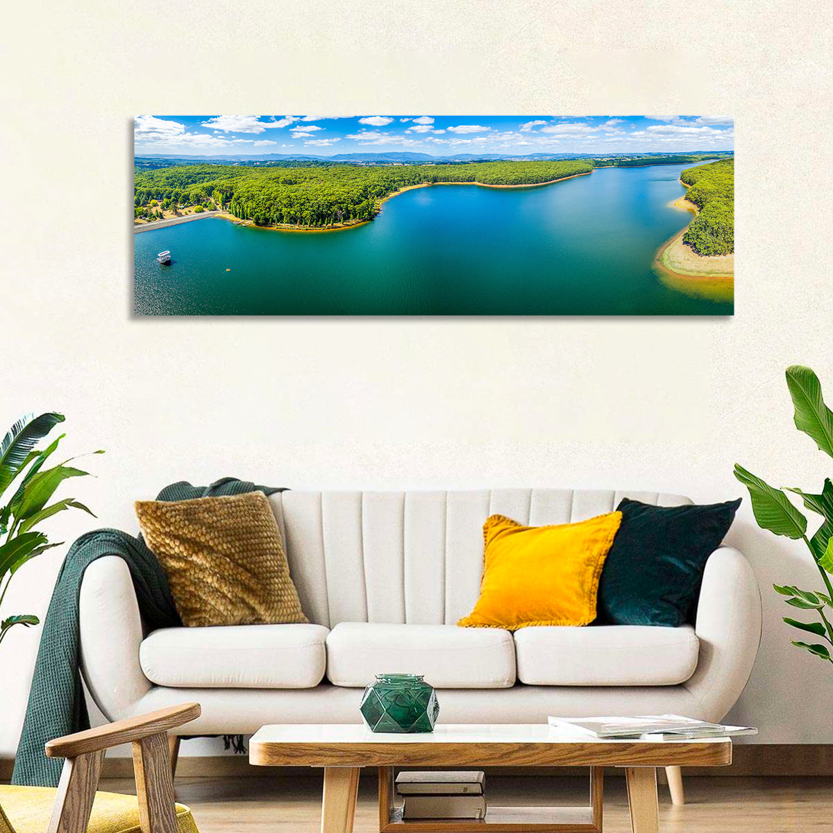 Silvan Reservoir Shoreline Wall Art in a room, panoramic