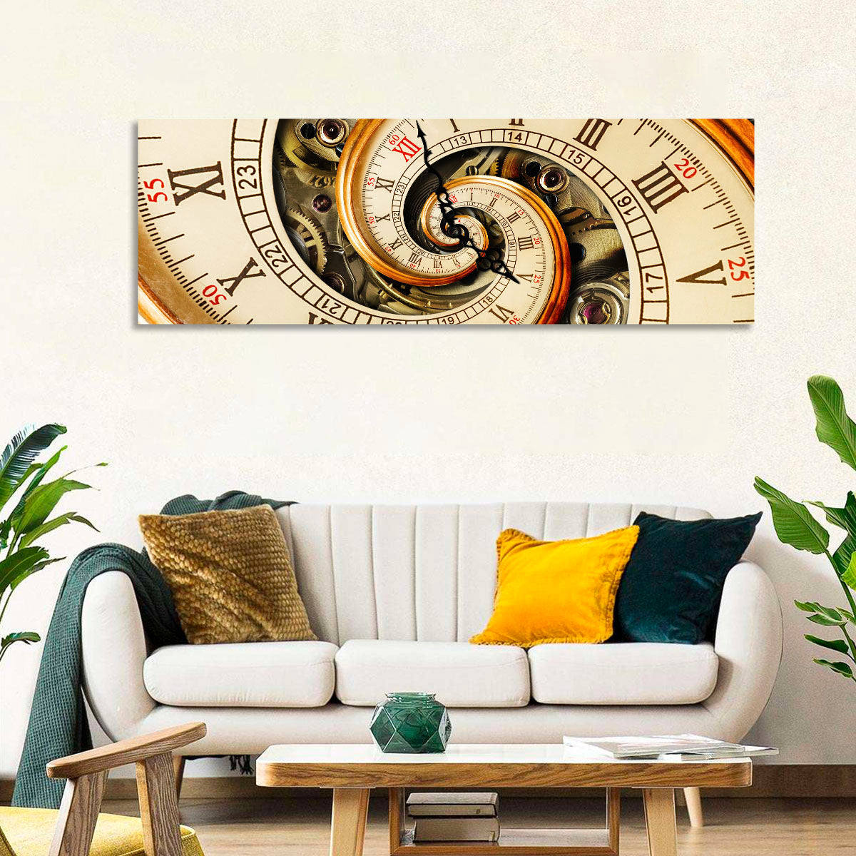 Steampunk Spiral Clock Wall Art in a room, panoramic