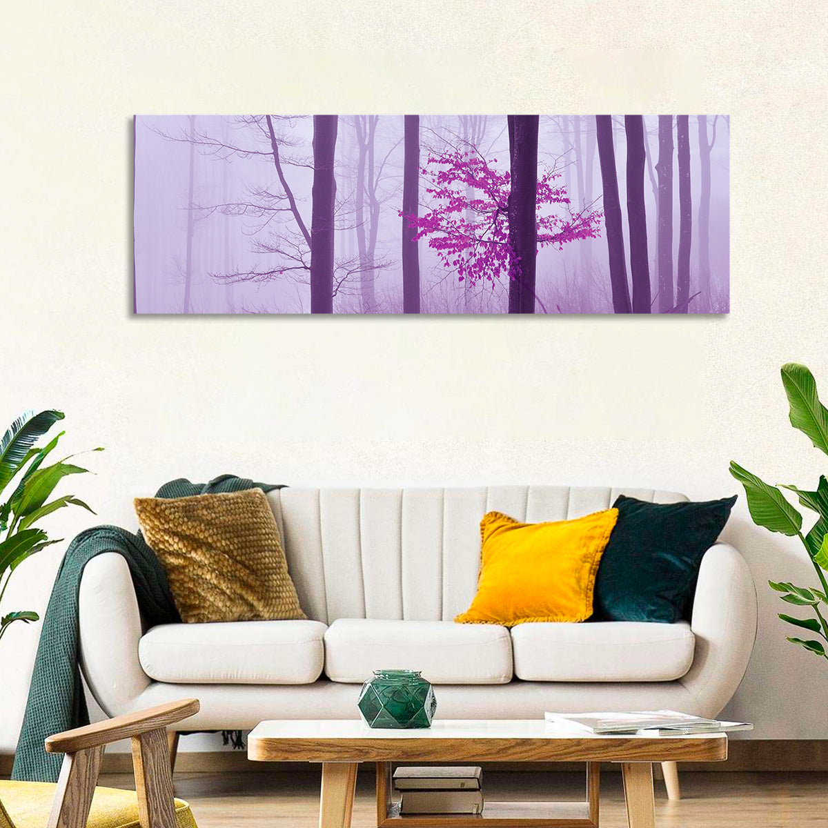 Magenta Tree in Foggy Forest Wall Art in a room, panoramic