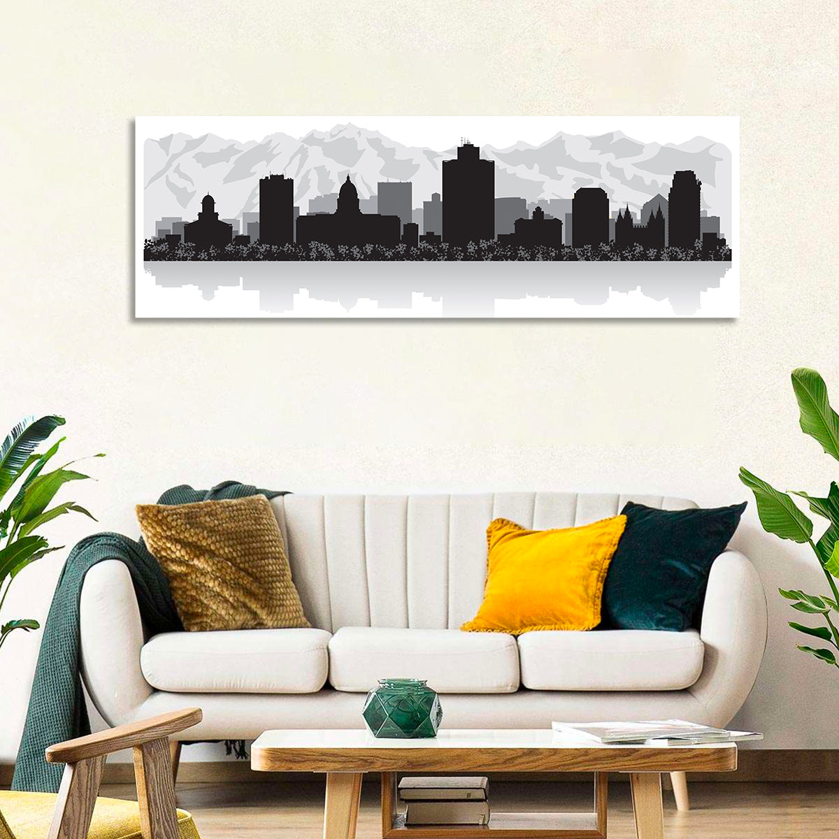 Salt Lake City Skyline Wall Art in a room, panoramic
