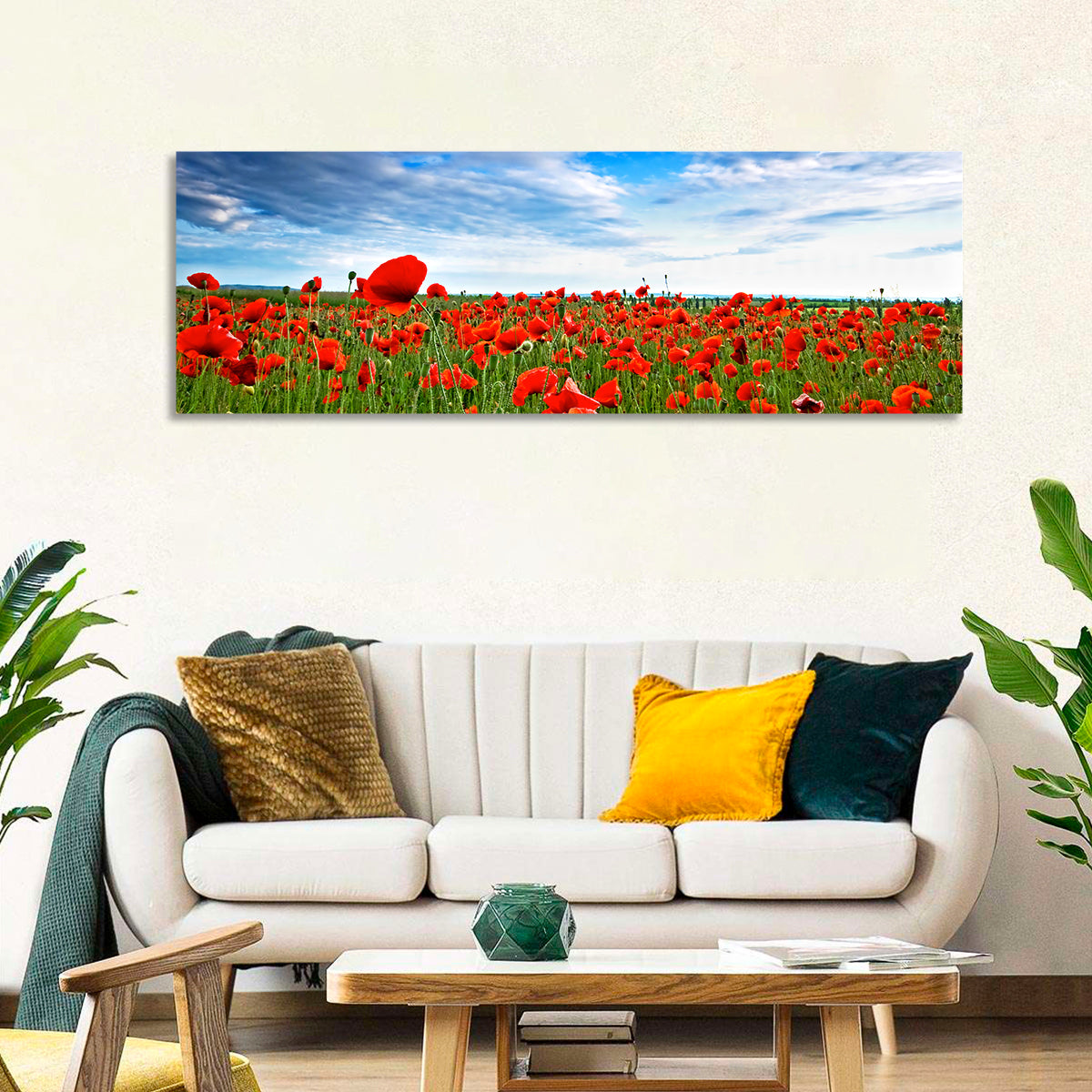 Red Poppy Field Wall Art in a room, panoramic