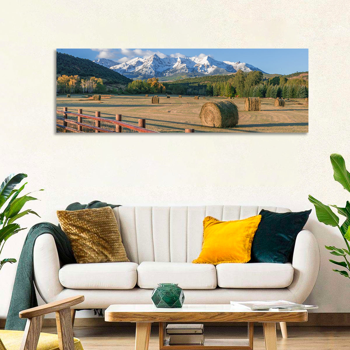 Colorado Hay Bales Wall Art in a room, panoramic