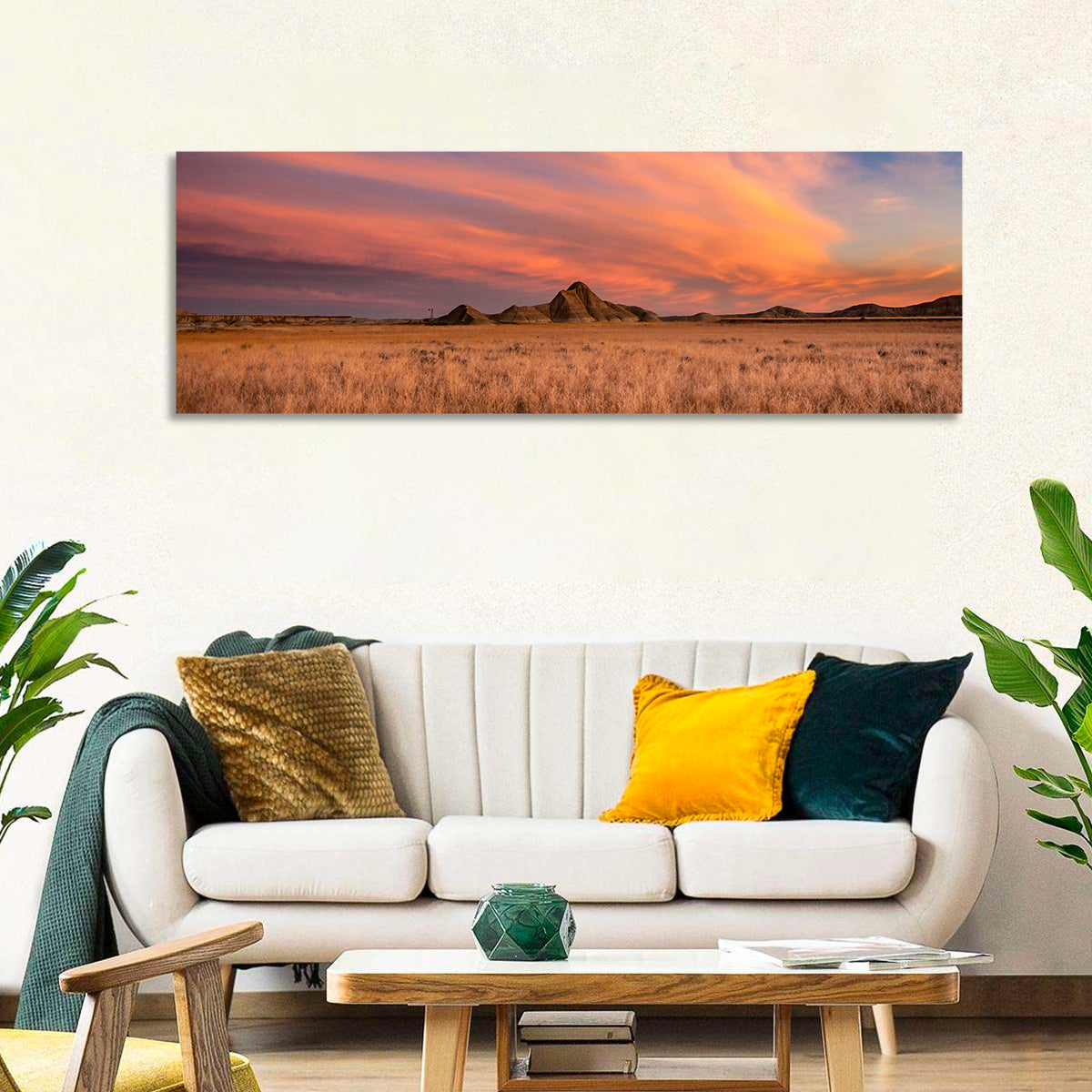 Toadstool State Park Sunset Wall Art in a room, panoramic