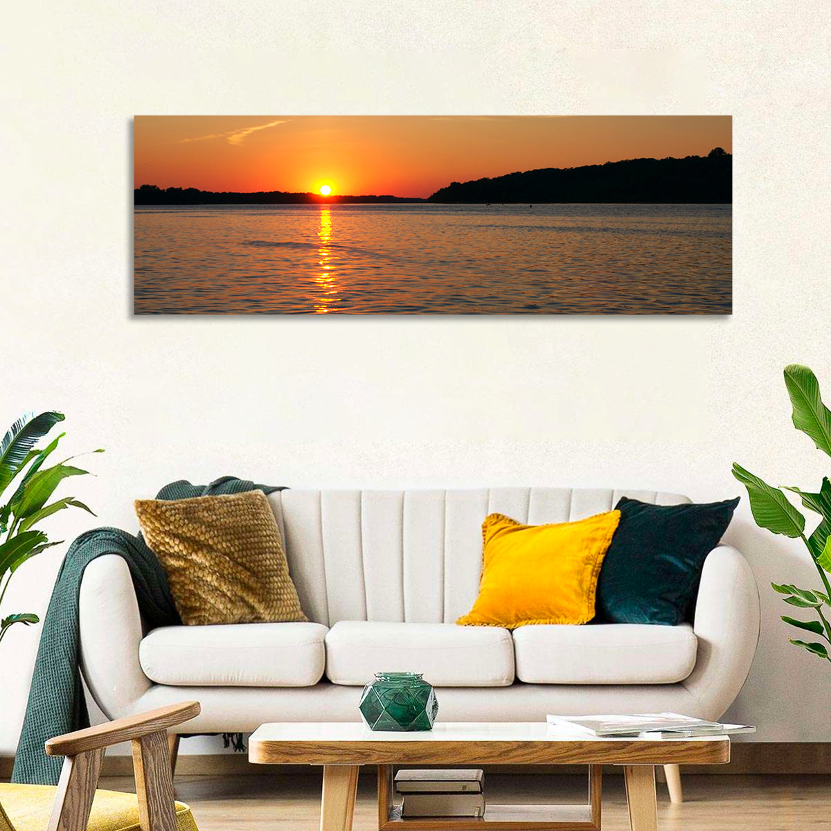 Mississippi River Sunset Wall Art in a room, panoramic