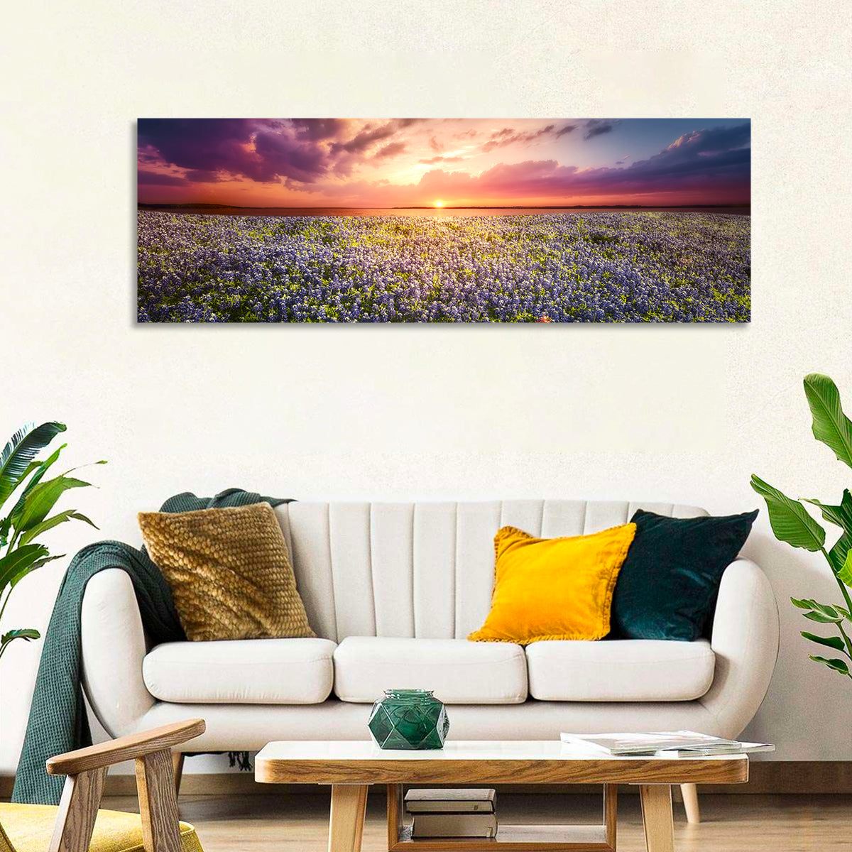 Texas Bluebonnet Sunset Wall Art in a room, panoramic