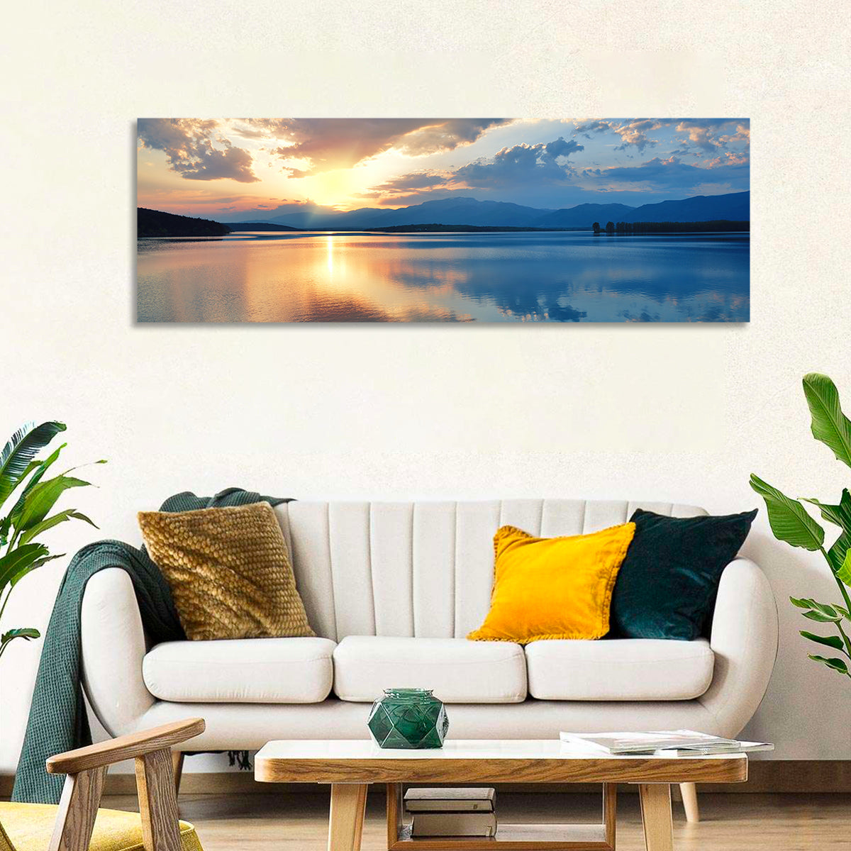 Golden Hour Lake Reflection Wall Art in a room, panoramic