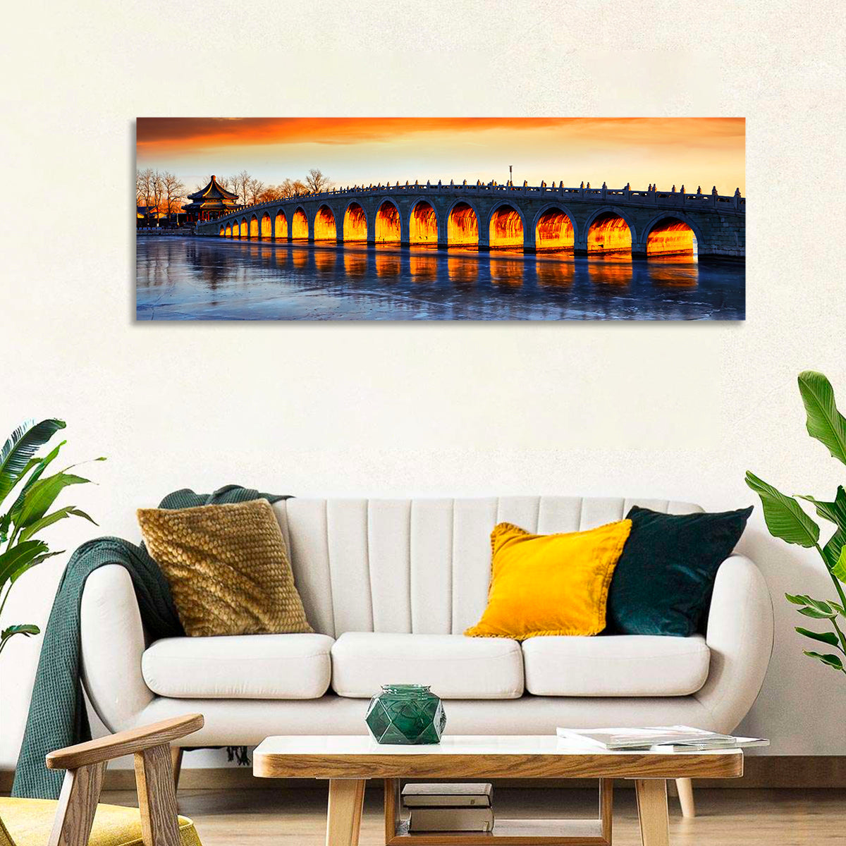 Seventeen-arch Bridge at Golden Hour Wall Art in a room, panoramic