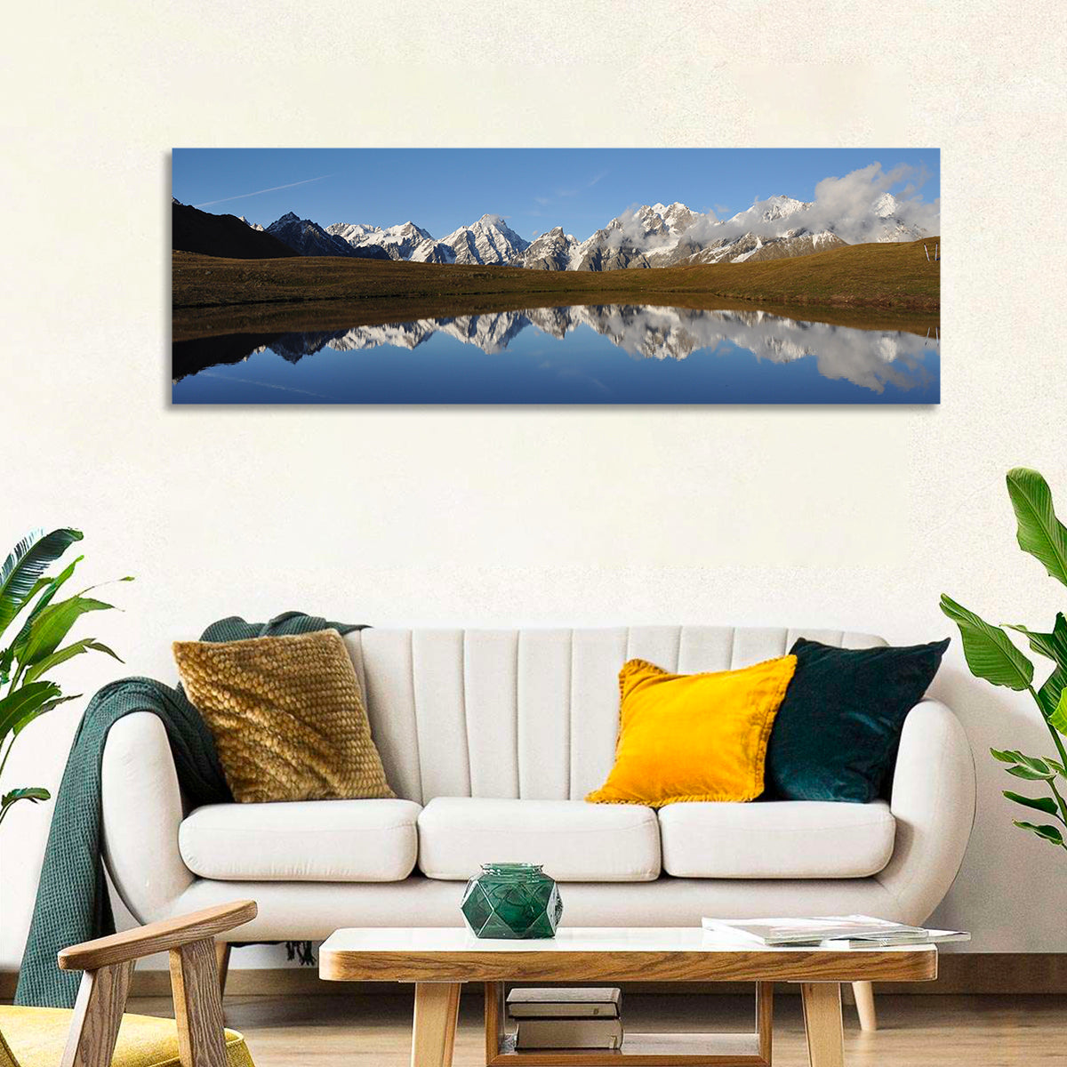 Svaneti Lake Reflection Wall Art in a room, panoramic
