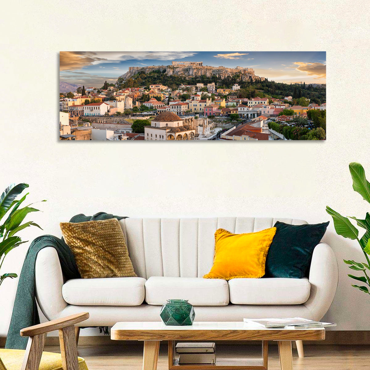 Acropolis and Parthenon Over Athens at Golden Hour Wall Art in a room, panoramic