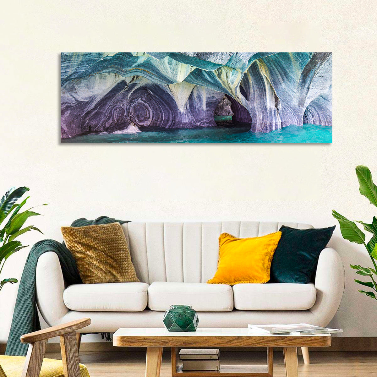 Marble Caves of Lake General Carrera Wall Art in a room, panoramic