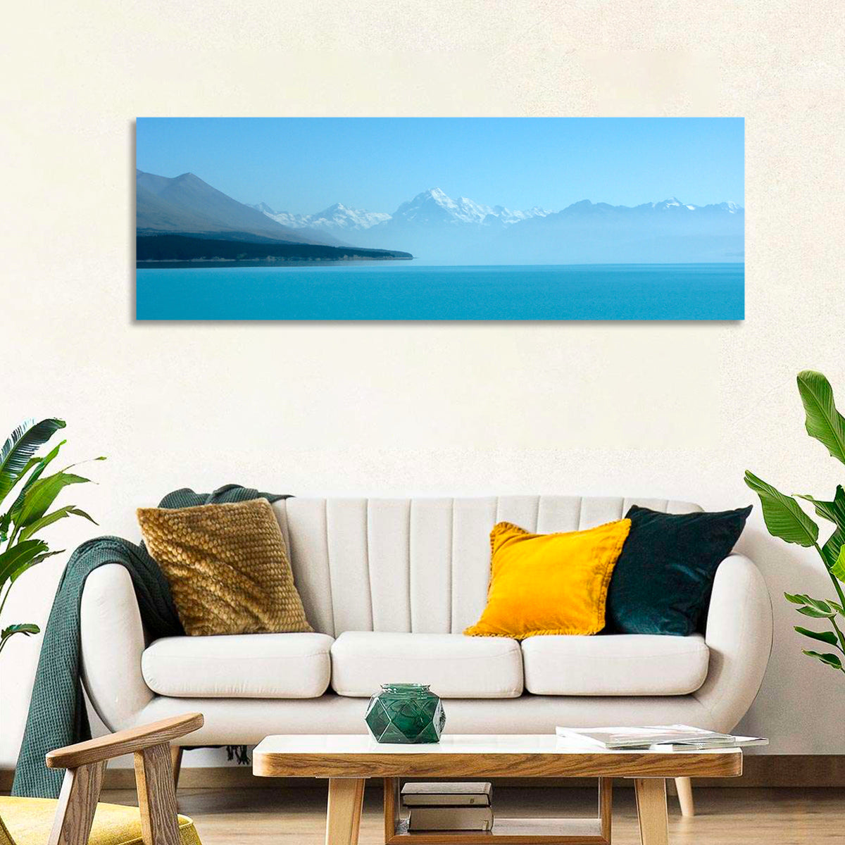 Turquoise Lake Pukaki View of Mount Cook Wall Art in a room, panoramic