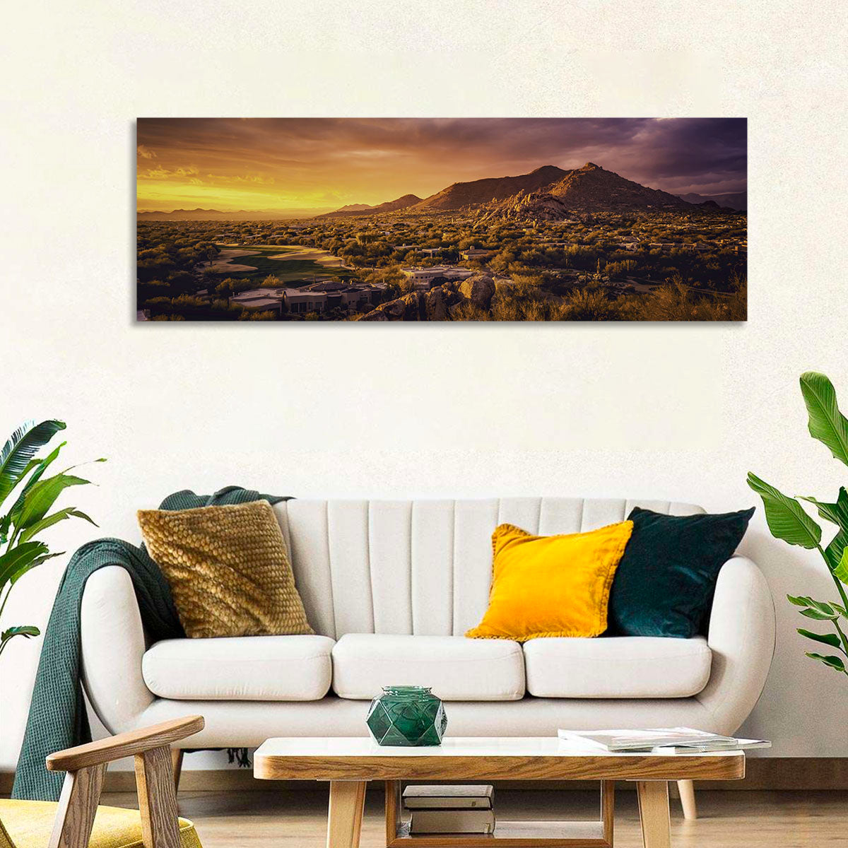 Scottsdale Desert Sunset Wall Art in a room, panoramic