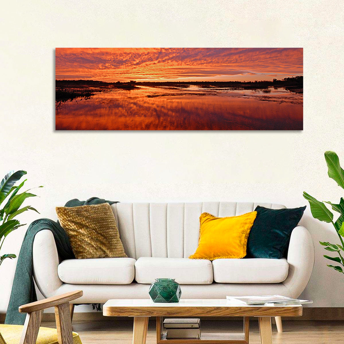 Louisiana Wetland Sunset Wall Art in a room, panoramic