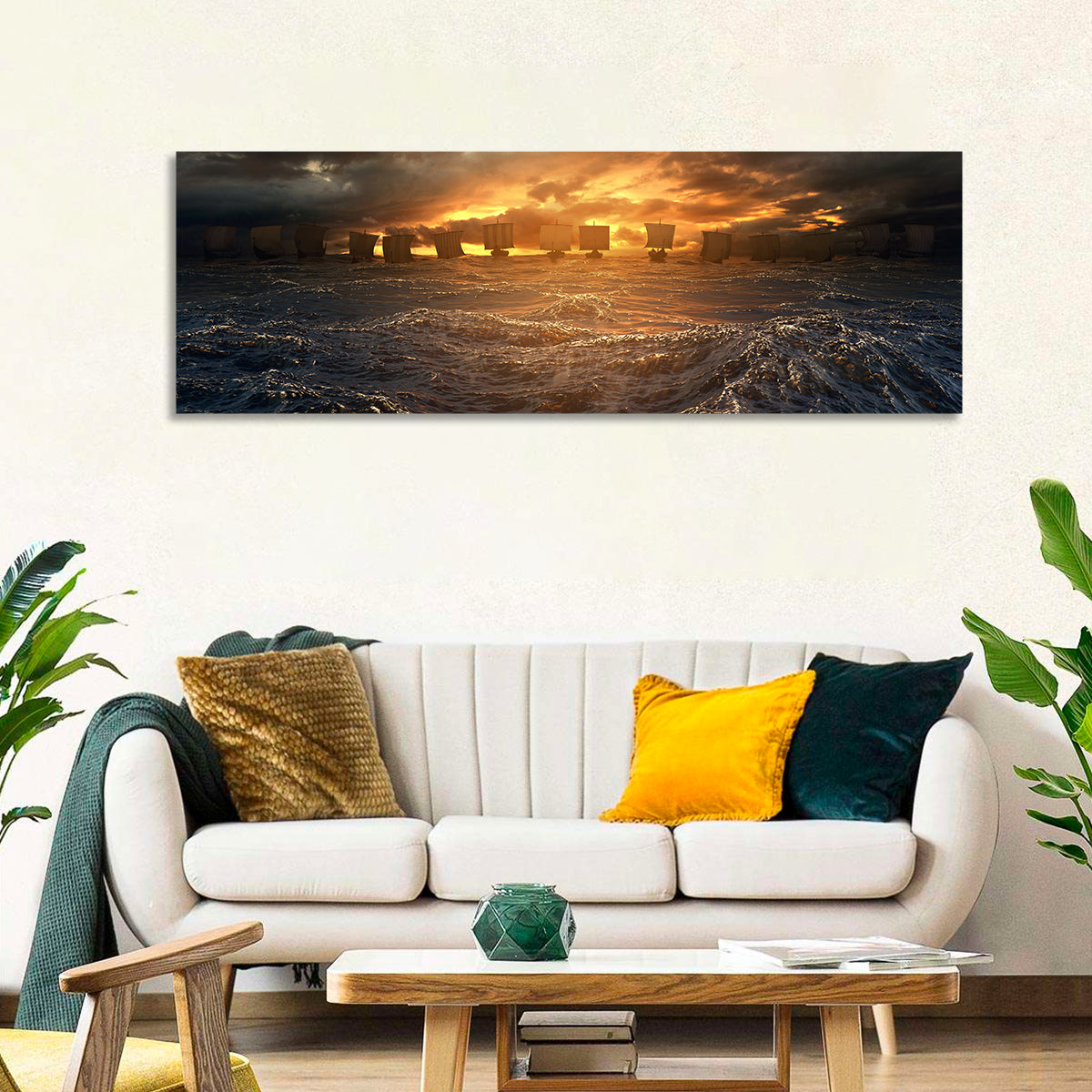 Viking Longships at Sunset Wall Art in a room, panoramic
