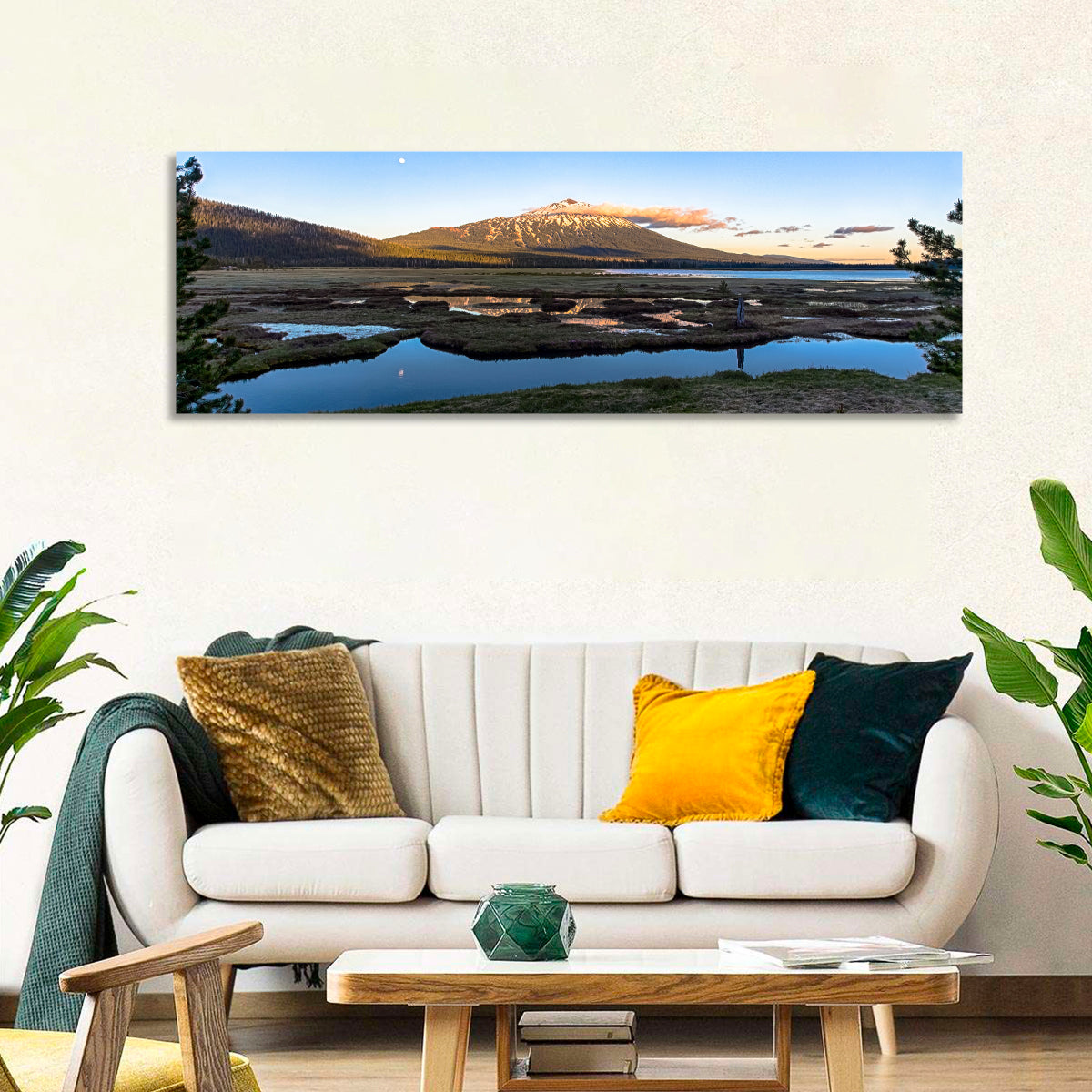 Mount Bachelor Moonlit Sunset Wall Art in a room, panoramic