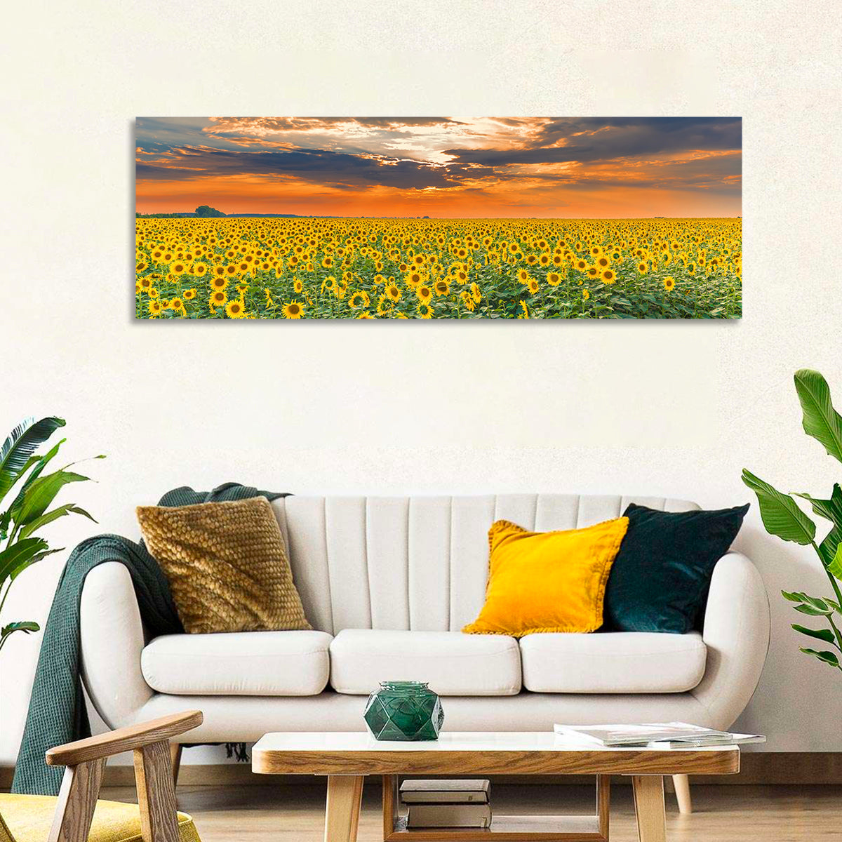Golden Hour Sunflower Field Wall Art in a room, panoramic