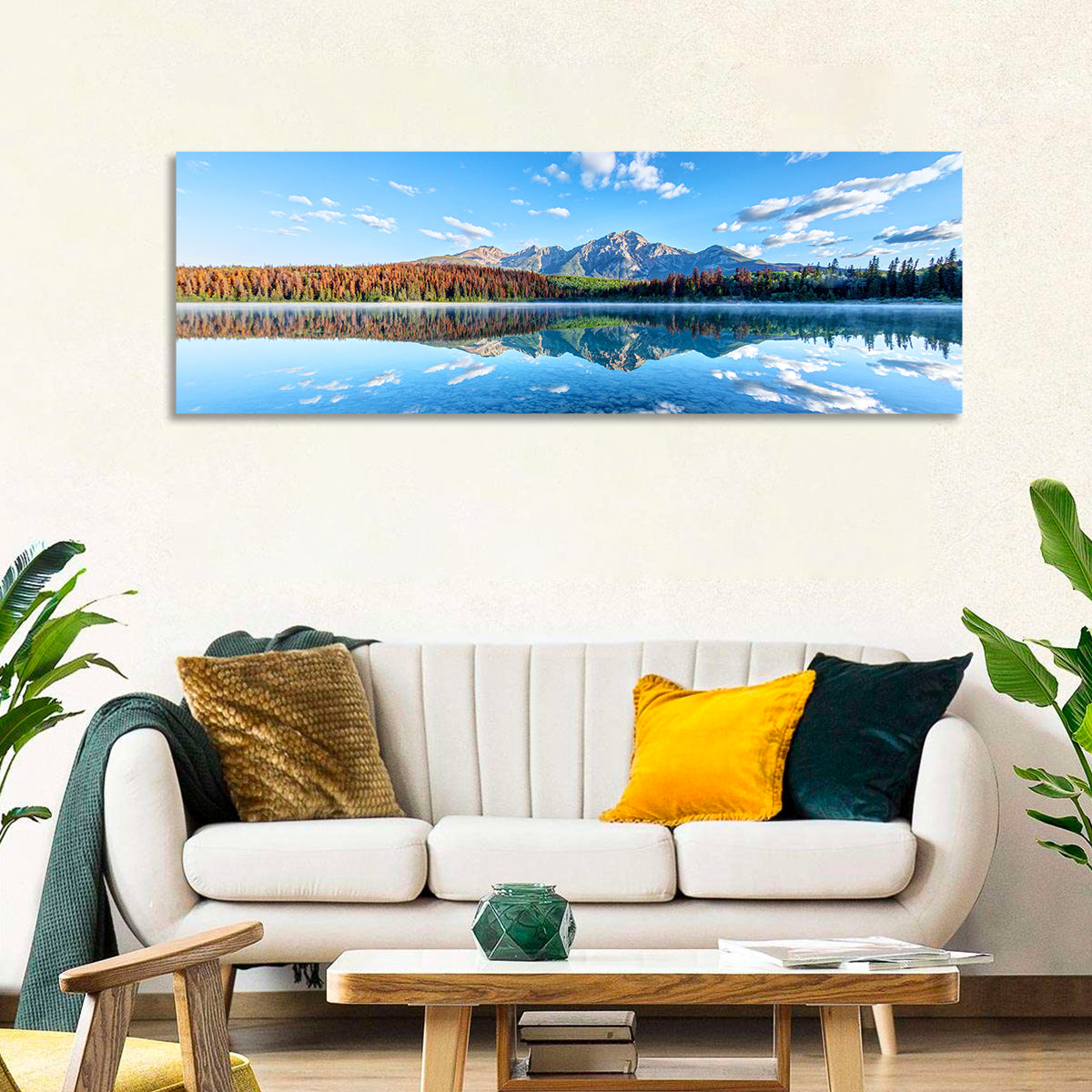 Patricia Lake Autumn Reflection Wall Art in a room, panoramic