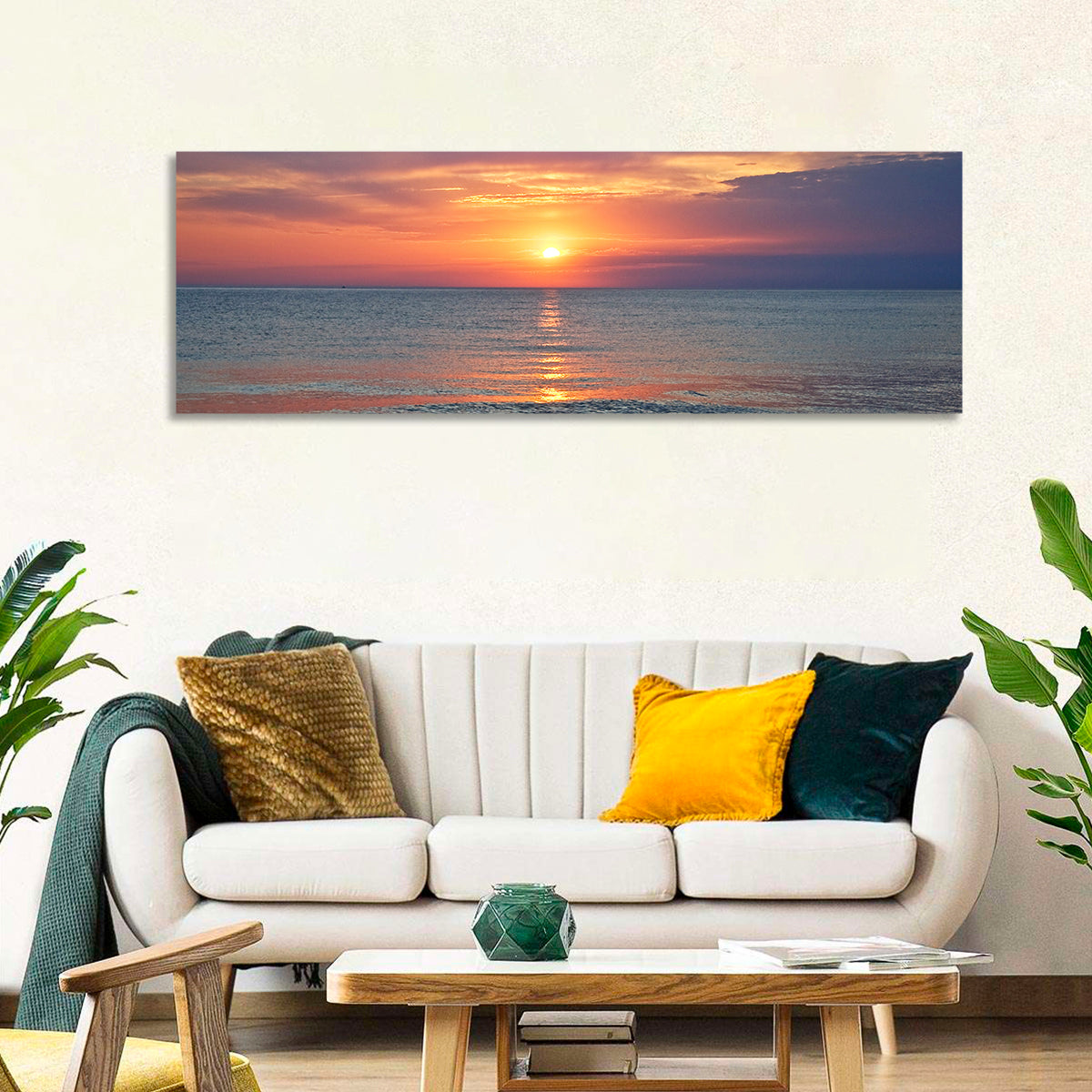 Lake Michigan Sunset Reflection Wall Art in a room, panoramic