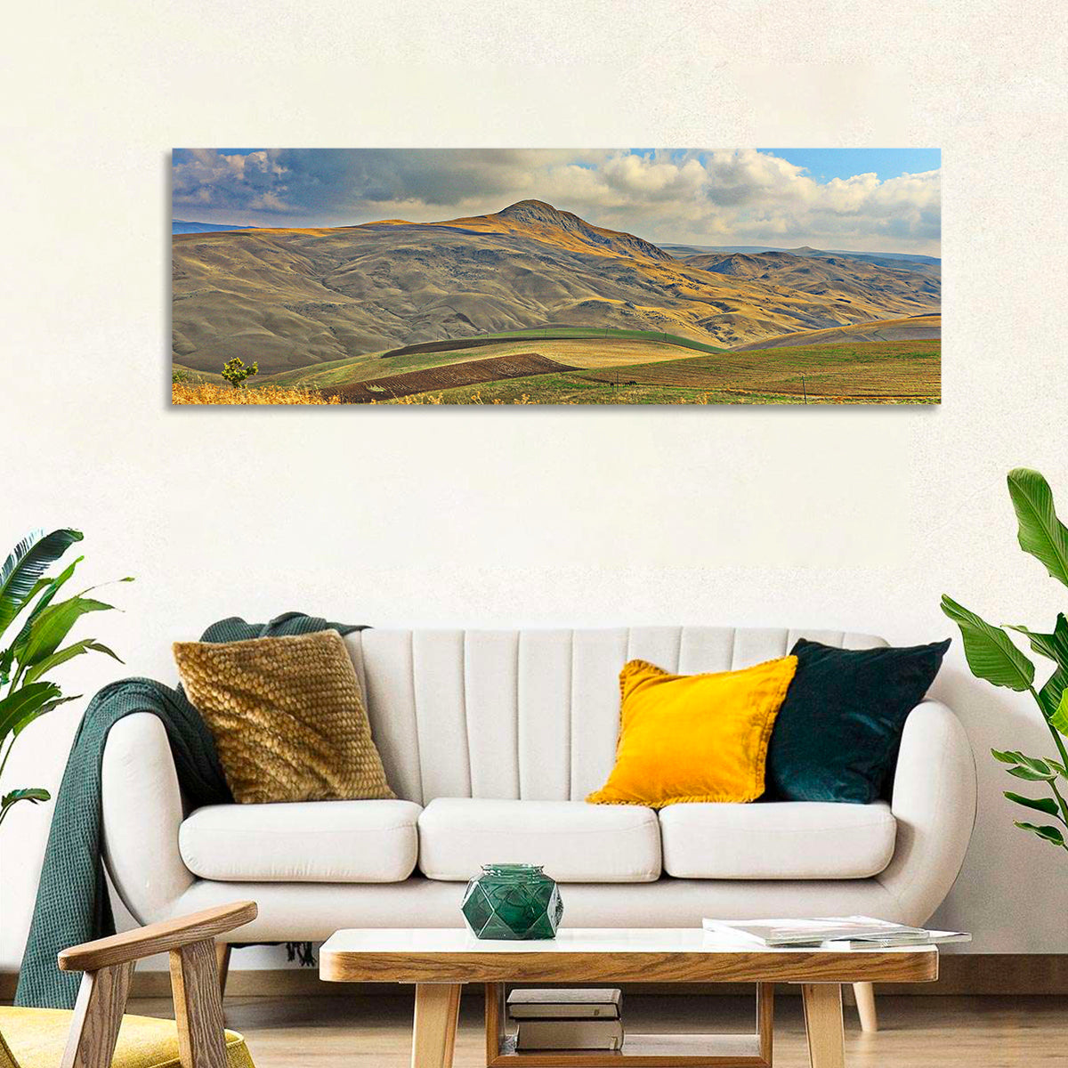 Shamakhi Valley Harvest Fields Wall Art in a room, panoramic